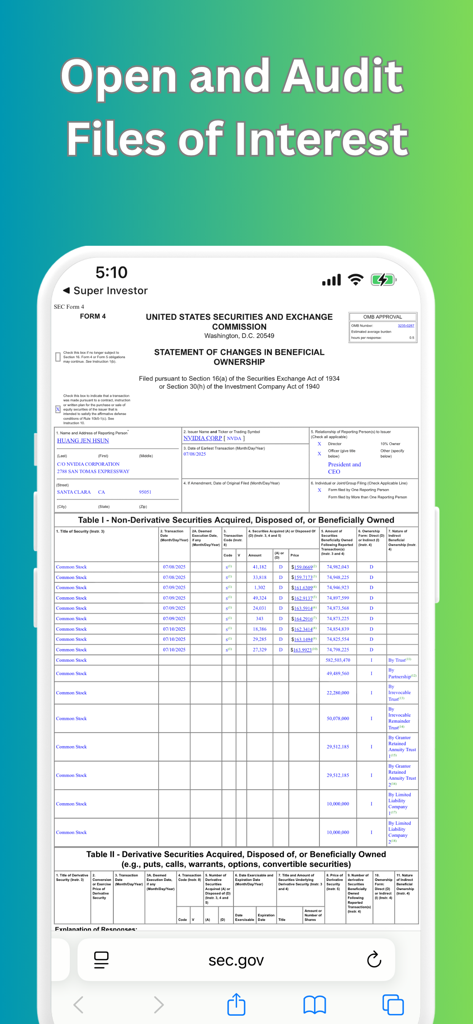 Super Investor - Super Investorアプリのスクリーンショットで、NVIDIA社のSEC Form 4提出書類を表示している様子