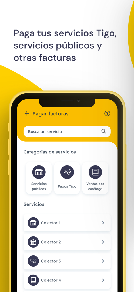 Tigo Money Bolivia - Smartphone displaying the bill payment screen of the Tigo Money Bolivia app for utility and service payments.