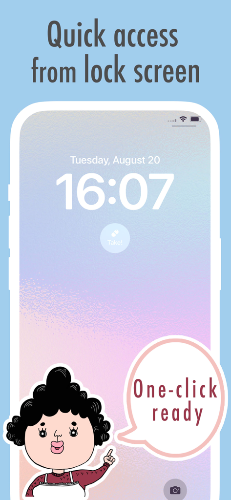 iPhone lock screen showing a quick access button for medication reminders with a friendly character
