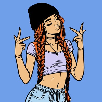 realistic teenage girl with braids and a beanie and crop top doing 🫶🏼