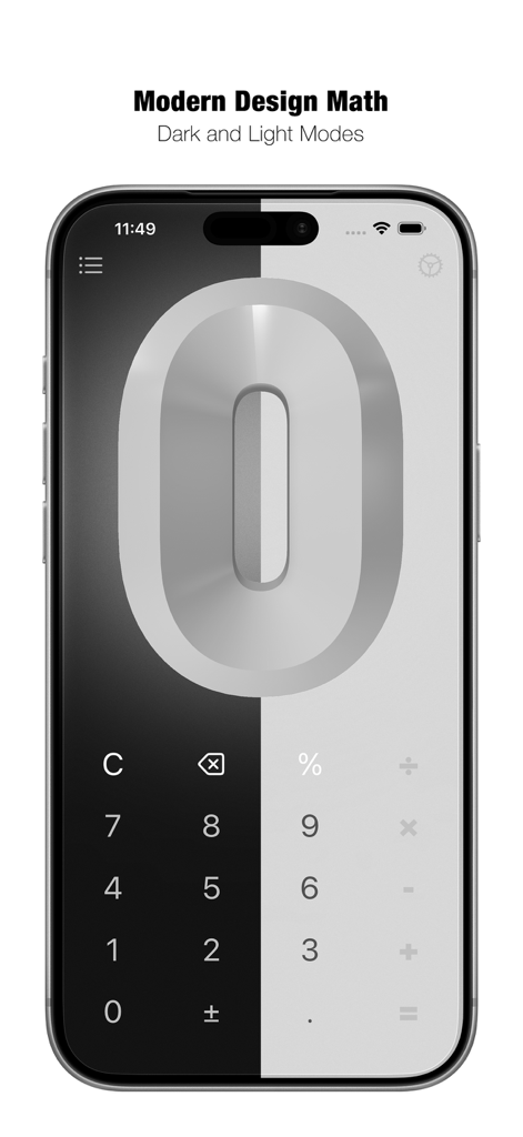 Calculator DE - Split-screen view of the Calculator DE app showing dark and light modes on an iPhone