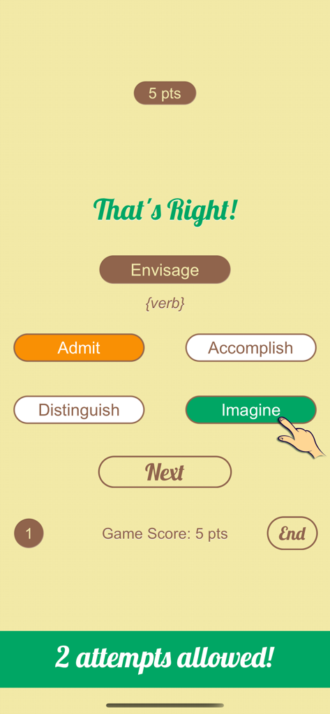Envisage의 동의어에 대한 객관식 질문과 Imagine을 올바르게 선택한 것을 보여주는 Synonyms Quiz 모바일 앱 스크린샷입니다.