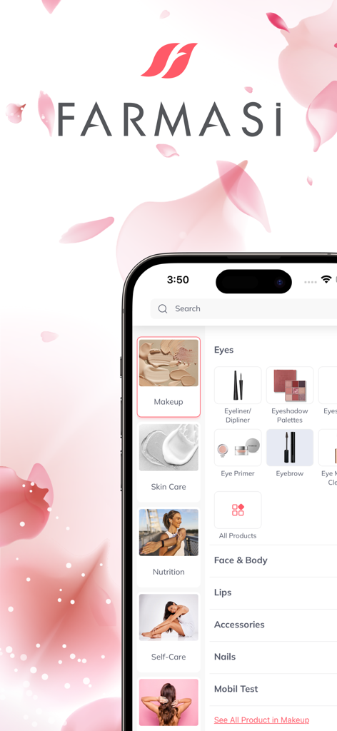 Interface of the Farmasi International app displaying categories for makeup skin care and nutrition
