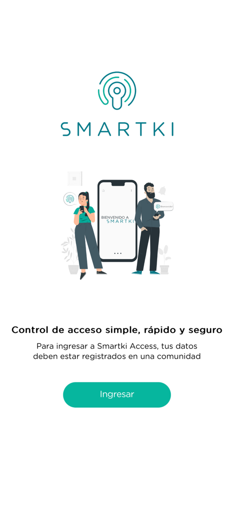 SmartKi Access - Willkommensbildschirm der SmartKi Access App mit einer sicheren Zugangskontrollillustration mit einem großen Smartphone und zwei Benutzern.
