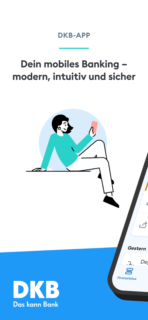 DKB mobile banking app welcome screen featuring an illustration of a person using a smartphone
