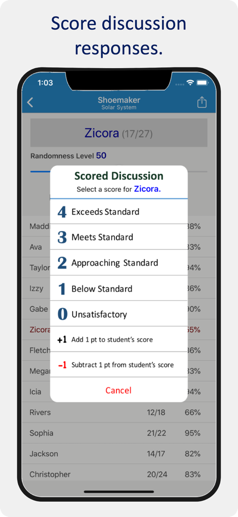 Scoring menu for evaluating student classroom discussion performance