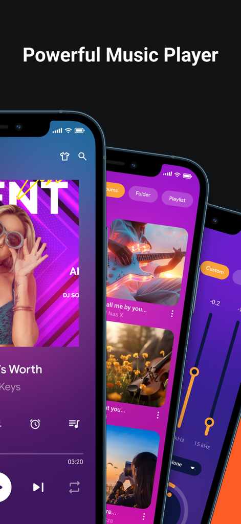 mp3 songs - Play Music - Screenshots of the mp3 songs - Play Music app displaying the music player interface, library folders, and audio equalizer.