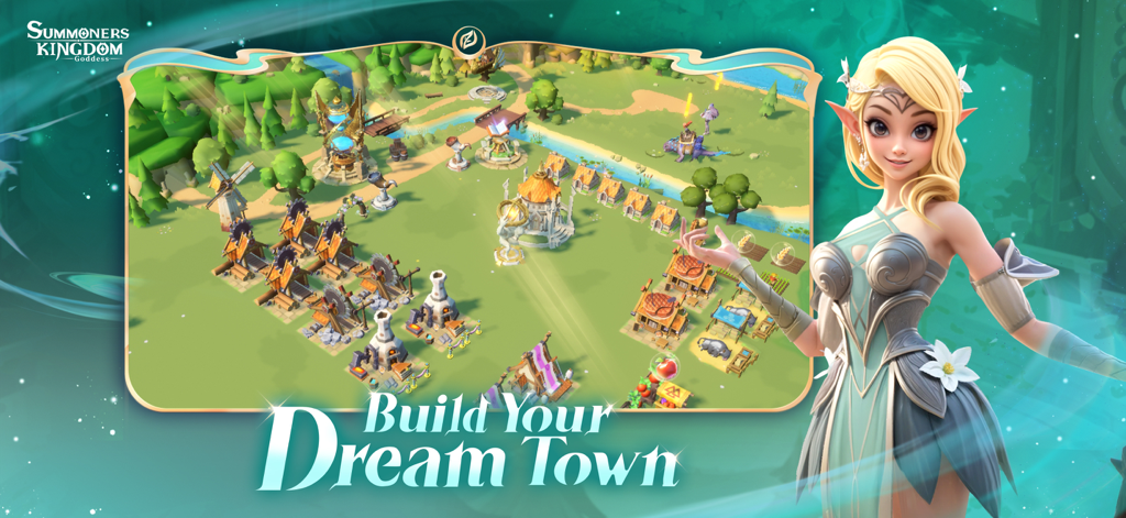 Summoners Kingdom:Goddess - A 3D fantasy town building interface from Summoners Kingdom Goddess featuring a blonde elf character and the text Build Your Dream Town.