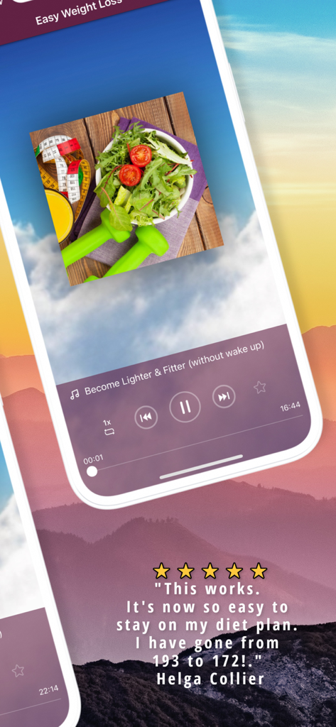 Screenshot of the Easy Weight Loss app showing a hypnosis audio session interface and a five star customer testimonial from Helga Collier