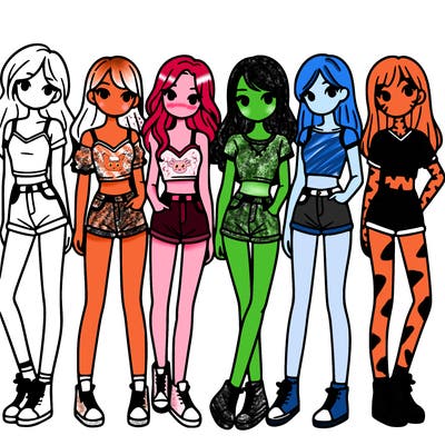 a group of girls wearing crop tops and shorts