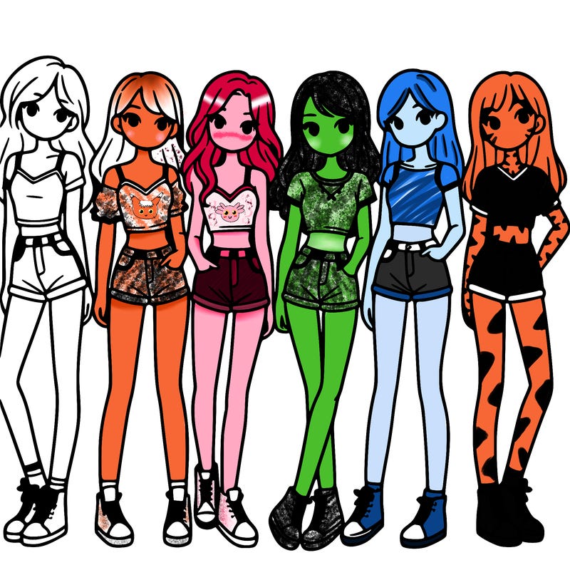a group of girls wearing crop tops and shorts