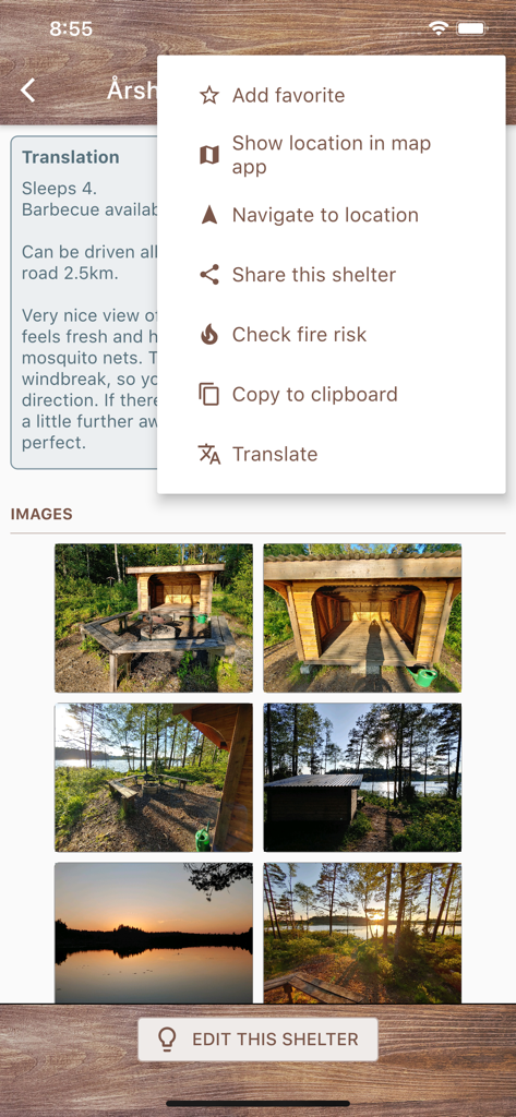 Pantalla de la aplicación móvil que muestra detalles del refugio, galería de fotos y un menú con opciones como verificación de riesgo de incendio y navegación.