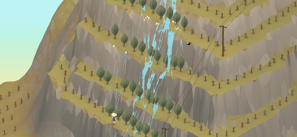 Roia - Minimalist terraced mountain landscape with water flowing down in Roia game