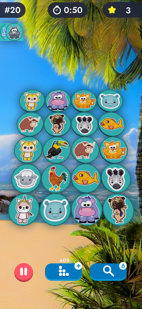 Match Pairs 3D: Matching Game - A level in Match Pairs 3D game showing a grid of cartoon animal tiles over a tropical beach background