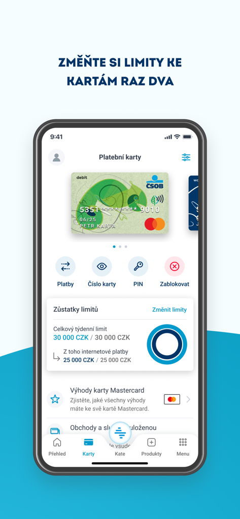 ČSOB Smart - 支払いカード管理と週ごとの支出限度額を表示するCSOB Smartバンキングアプリのモバイル画面。