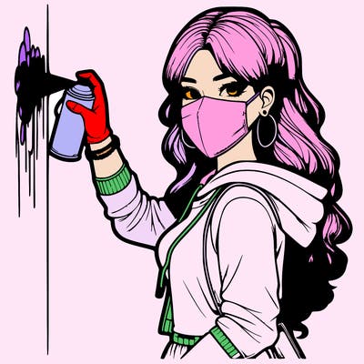 realistic girl with mask spray painting a wall