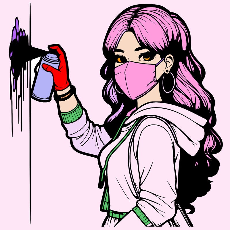 realistic girl with mask spray painting a wall