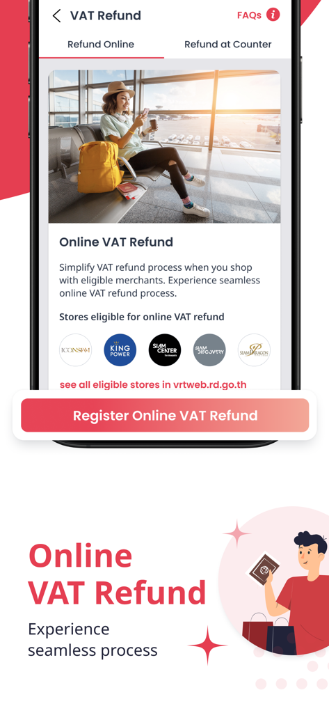 Mobile screen showing the TAGTHAi app online VAT refund feature for travelers in Thailand