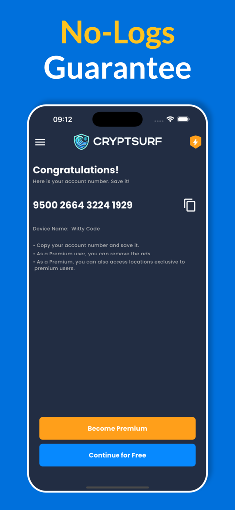 CryptSurf: Fast & Secure VPN - Interfaz de la aplicación CryptSurf mostrando un número de cuenta anónimo único y una garantía de no guardar registros