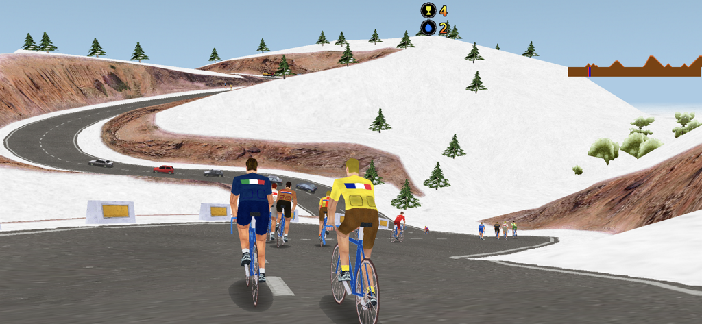 Ciclis 3D - The Cycling Game - Un grupo de ciclistas compitiendo en una carretera de montaña sinuosa y nevada en el juego Ciclis 3D.