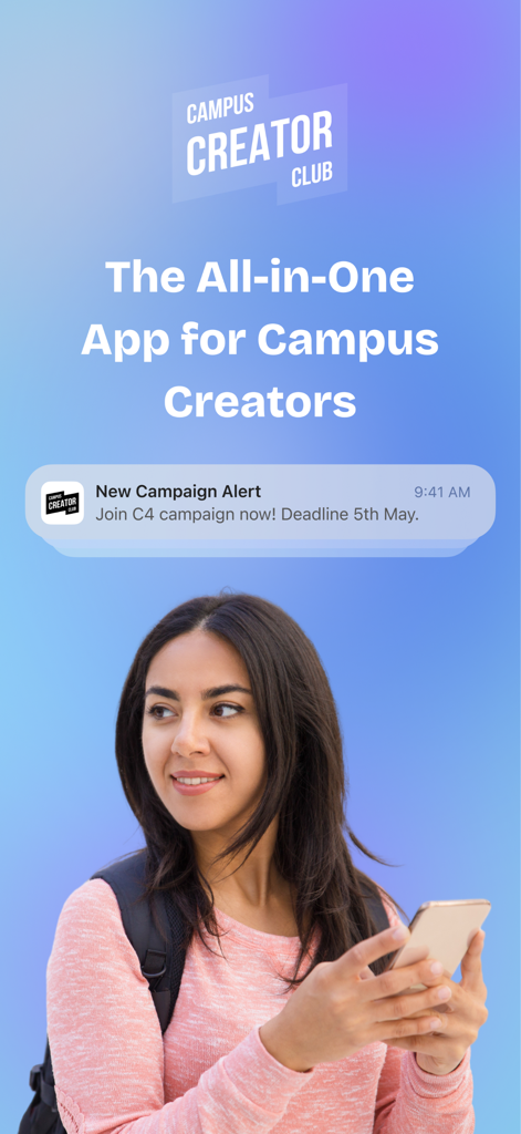 A female college student looking at her phone with the Campus Creator Club app interface showing a new campaign alert.
