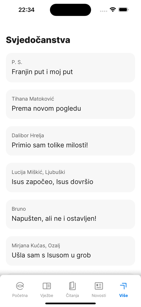 A list of user testimonies and spiritual reflections within the e-Duhovne vjezbe Catholic app