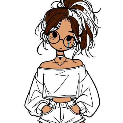 girl with a messy ponytail glasses a baggy crop top and jean shorts