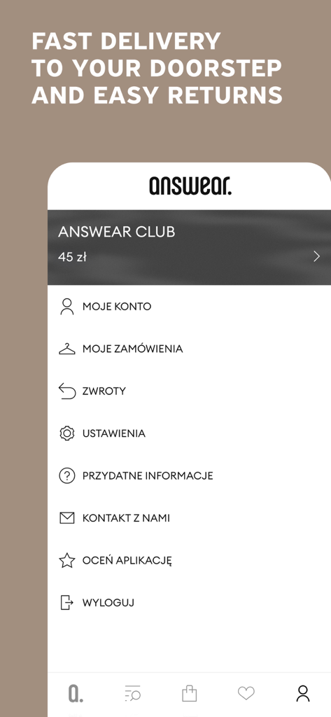 Interfaz de la app móvil Answear mostrando el menú de cuenta de usuario con secciones para pedidos, devoluciones y el programa del club de fidelidad