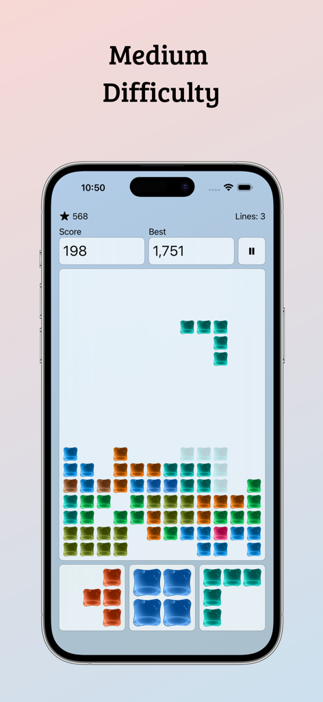 Captura de pantalla del juego de puzzle Falling Blocks que muestra la jugabilidad de dificultad media en un iPhone.
