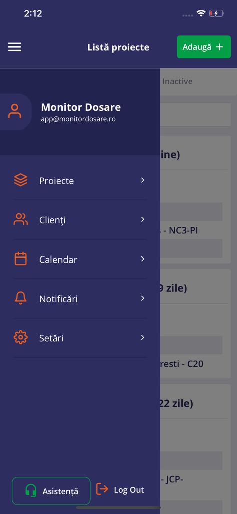 The navigation sidebar of the Monitor Dosare app displaying menu options for projects clients calendar and notifications