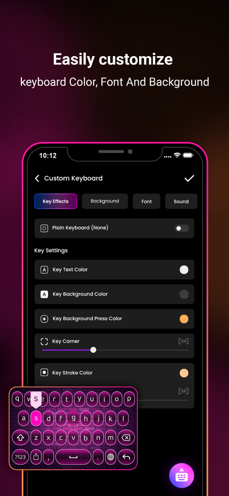 Settings screen for customizing neon LED keyboard color font and background