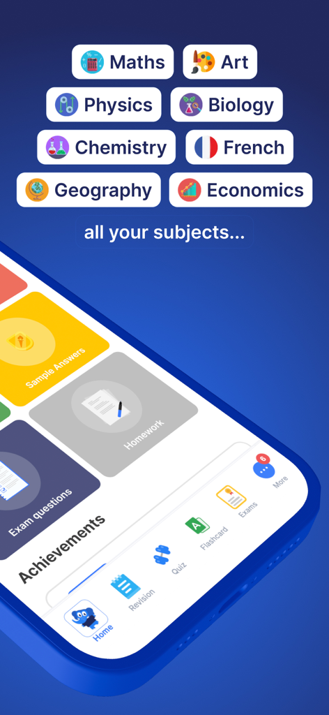 SimpleStudyアプリのインターフェース。数学や物理学などの学術科目と、復習ノートやクイズなどの学習ツールが表示されています。