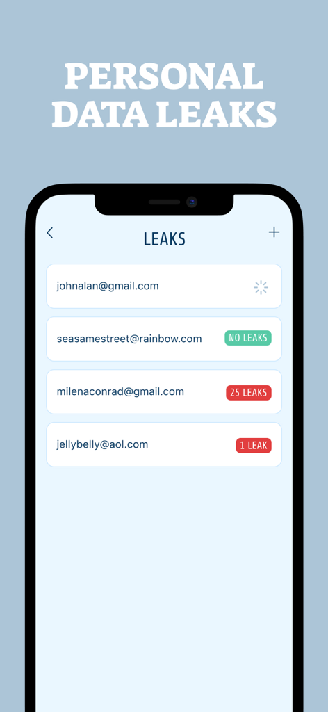 DataDefender: Keep your data - Pantalla del escáner de brechas de correo electrónico que muestra las filtraciones de datos detectadas para varias cuentas