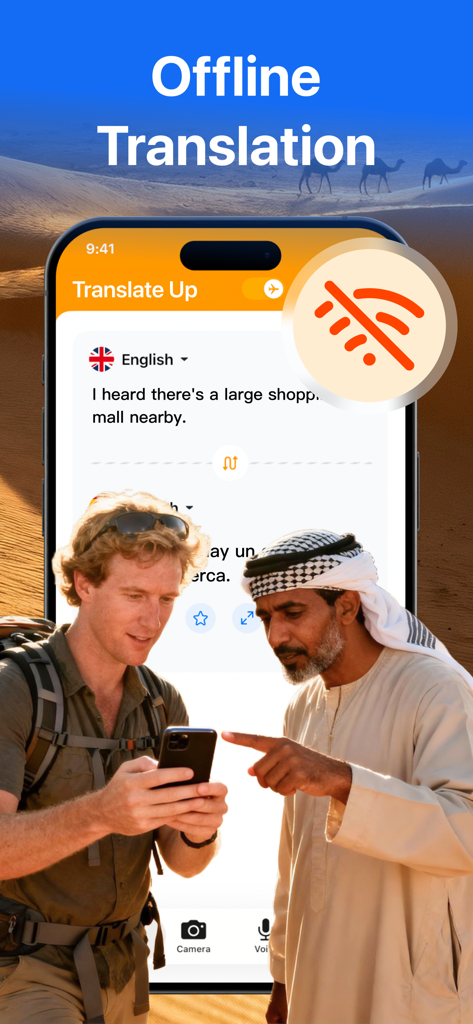 Translate Up app showing the offline translation feature for international travelers