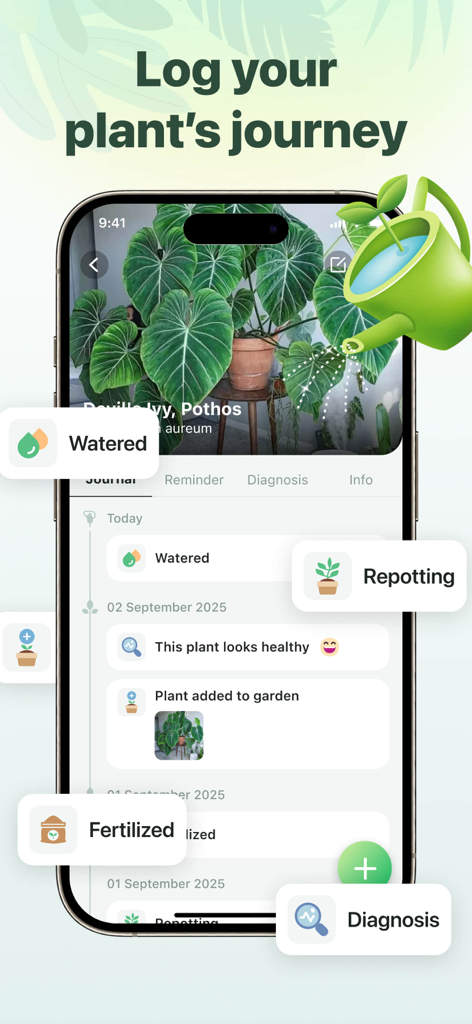 PlantGuide - ID & Diagnose - 水やりや施肥などの植物のケア活動を記録するためのモバイルアプリインターフェース