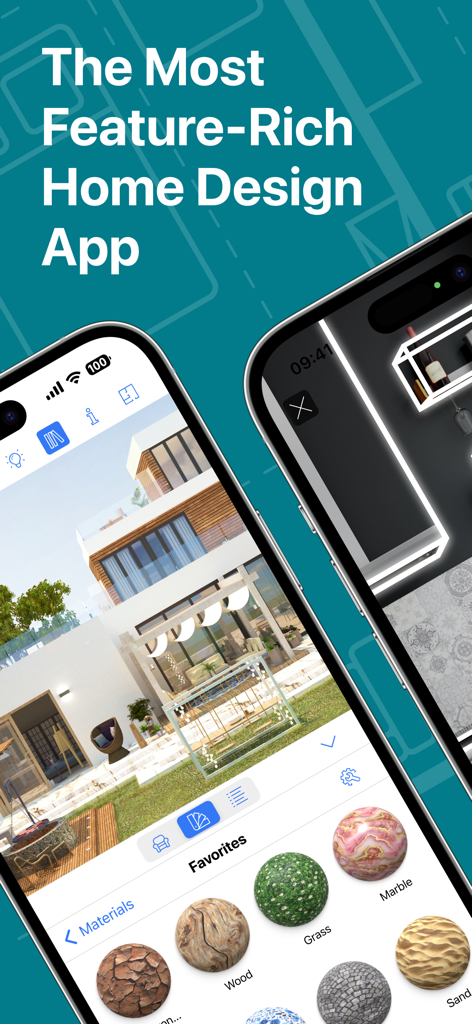 Écran d'iPhone affichant l'application Live Home 3D Pro avec un rendu de maison moderne et un menu de sélection de matériaux