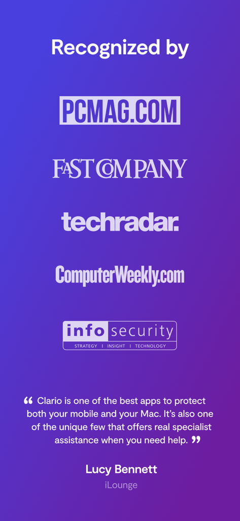 メディアロゴのリストと、Clarioプライバシーおよびセキュリティアプリが認識されたという証言。