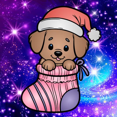 cute puppy wearing santa hat in socking