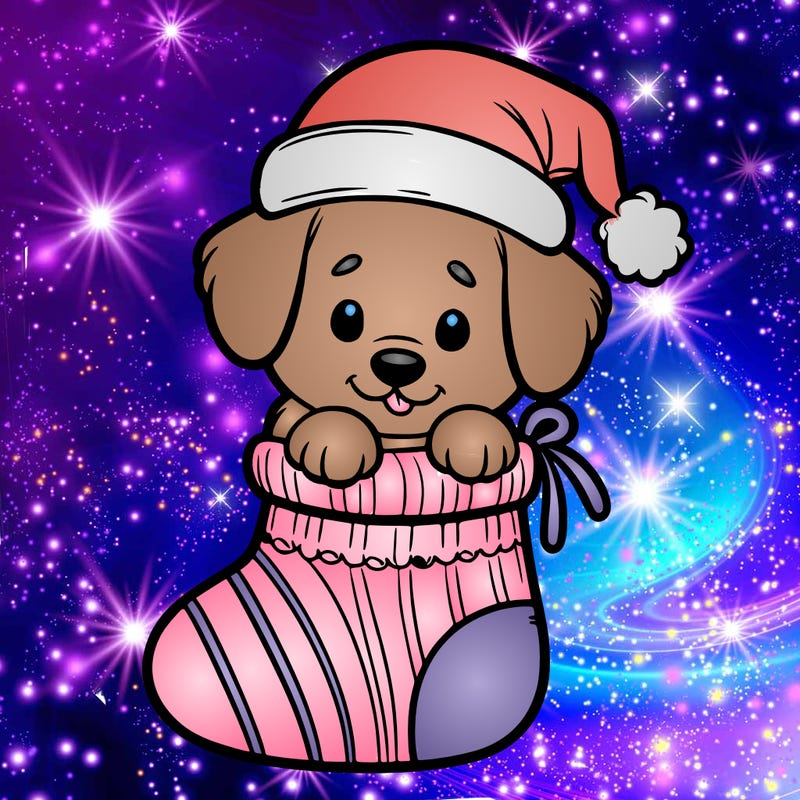 cute puppy wearing santa hat in socking