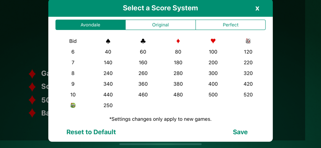 Extreme 500 - Schermata di selezione del sistema di punteggio nell'app del gioco di carte Extreme 500, incluse le opzioni Avondale Original e Perfect.