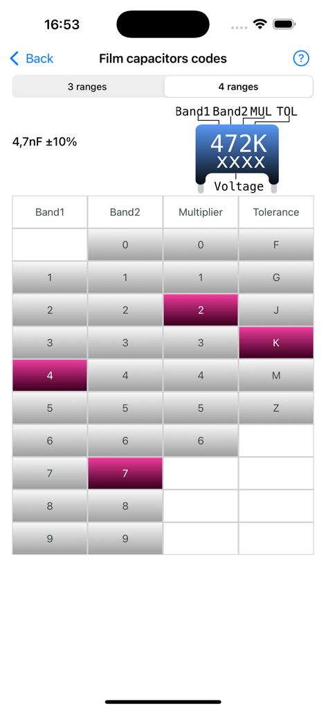 Electronic Component Codes - Interface pour calculer les valeurs des condensateurs à film montrant les bandes et les multiplicateurs pour identifier la capacitance et la tolérance.
