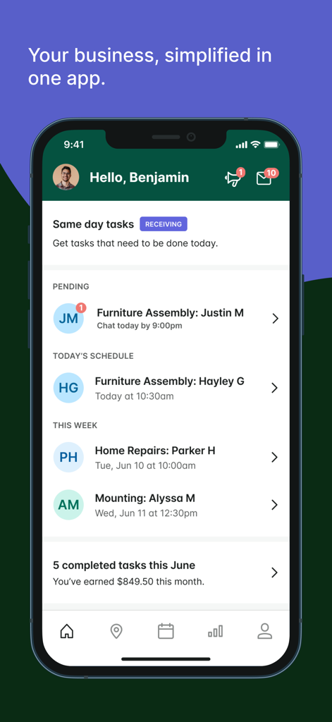 Dashboard of Tasker by Taskrabbit app showing work schedule and monthly earnings summary