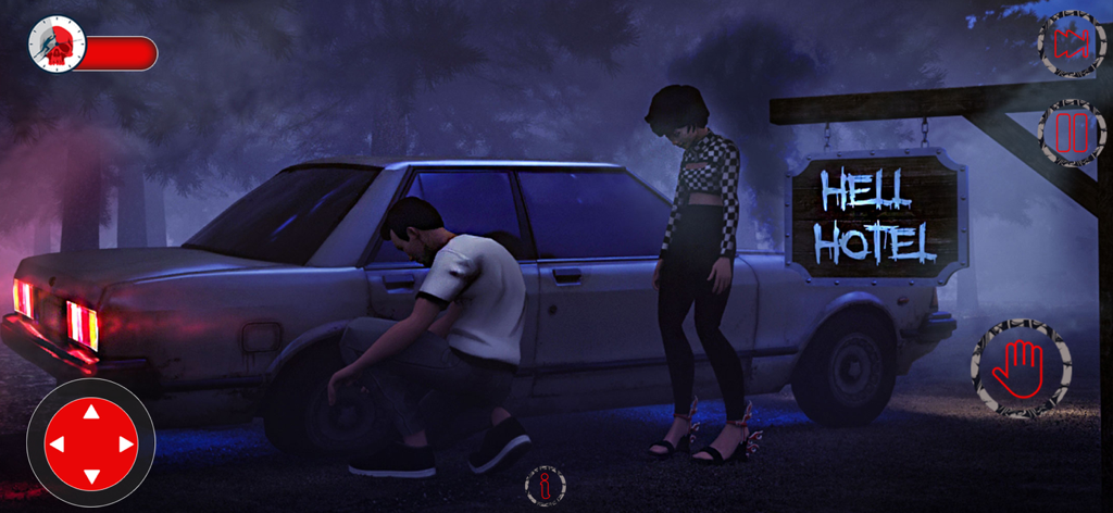 Scary Granny Nun House 3D Game - Una pareja parada junto a un coche averiado cerca de un cartel de Hell Hotel por la noche en un juego de terror