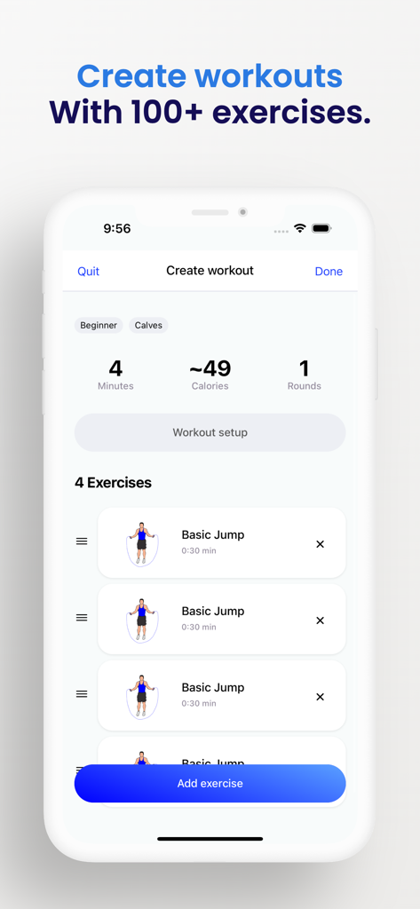 Jump Rope Challenge App - A mobile phone screen displaying the custom workout builder in the Jump Rope Challenge app with options to add exercises and track calories.