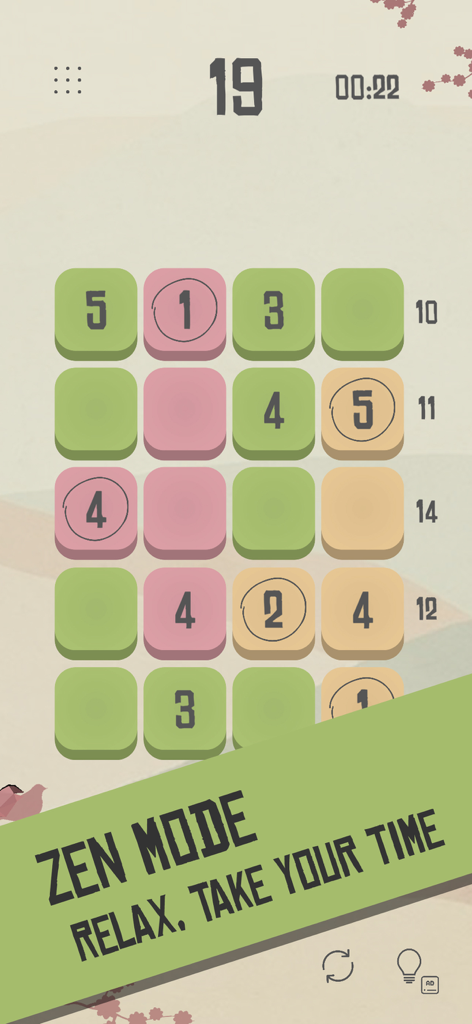 • zenku • - zenku mobile game screenshot showing a minimalist grid puzzle in zen mode