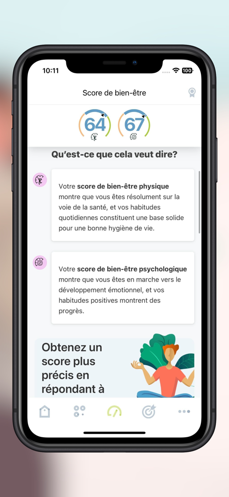 B-neXt CARE app interface displaying physical and psychological wellbeing scores with personalized health explanations