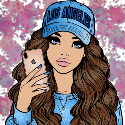 realistic beautiful girl wearing los ángeles cap holding an iphone