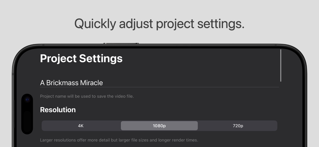 Stop Motion Stitcher - A screenshot of the Stop Motion Stitcher app showing project settings for resolution and project name