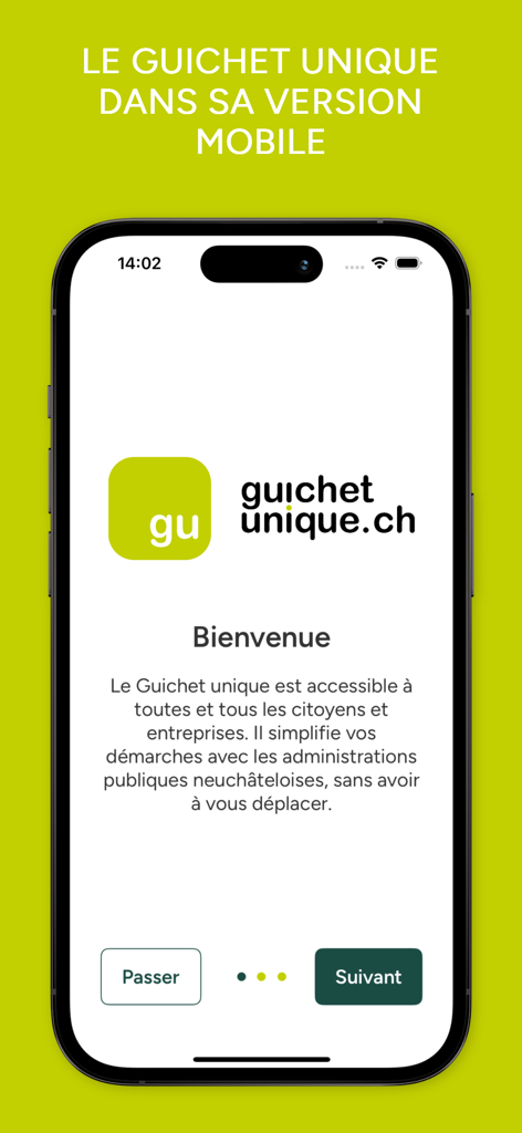 Guichet unique - Écran d'accueil de l'application mobile Guichet unique pour les démarches administratives neuchâteloises