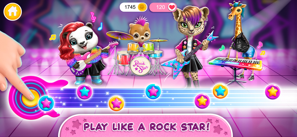 Animal characters playing musical instruments in a rock band on a pink stage